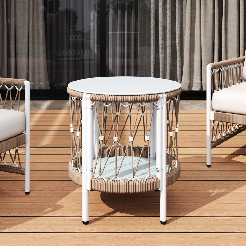 Table de bout de style bohémien 17,65 po avec corde tissée et verre trempé pour les réunions extérieures