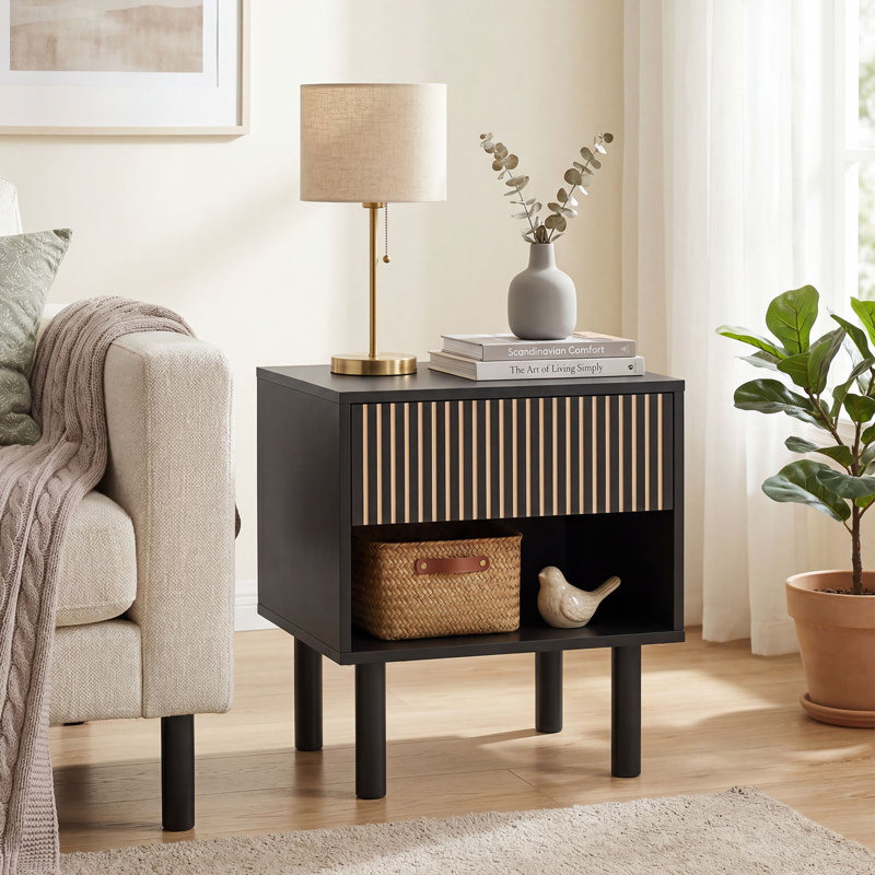 Nightstand with Drawer and Open Shelf, Side Table, Black, 1
