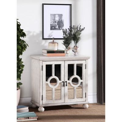 Modern Traditional Accent Chest In Antique White With Mirror Door Front Classic Finish And Decorative Pull Handles