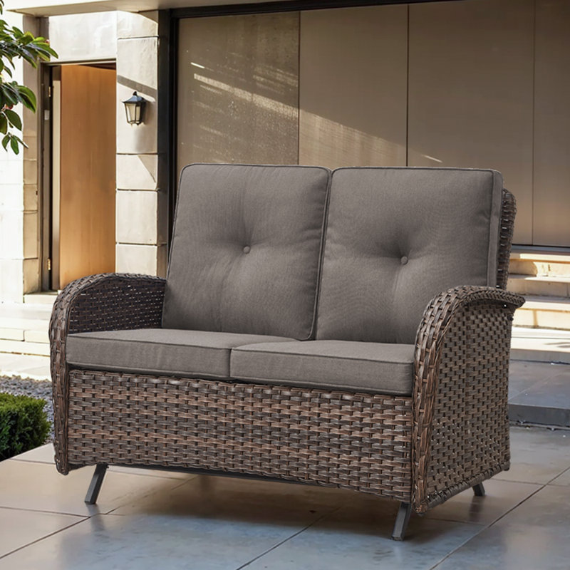 Gaetanino 49.5" Wide PE Wicker Outdoor Patio Glider Loveseat with Cushions, Gray, Brown