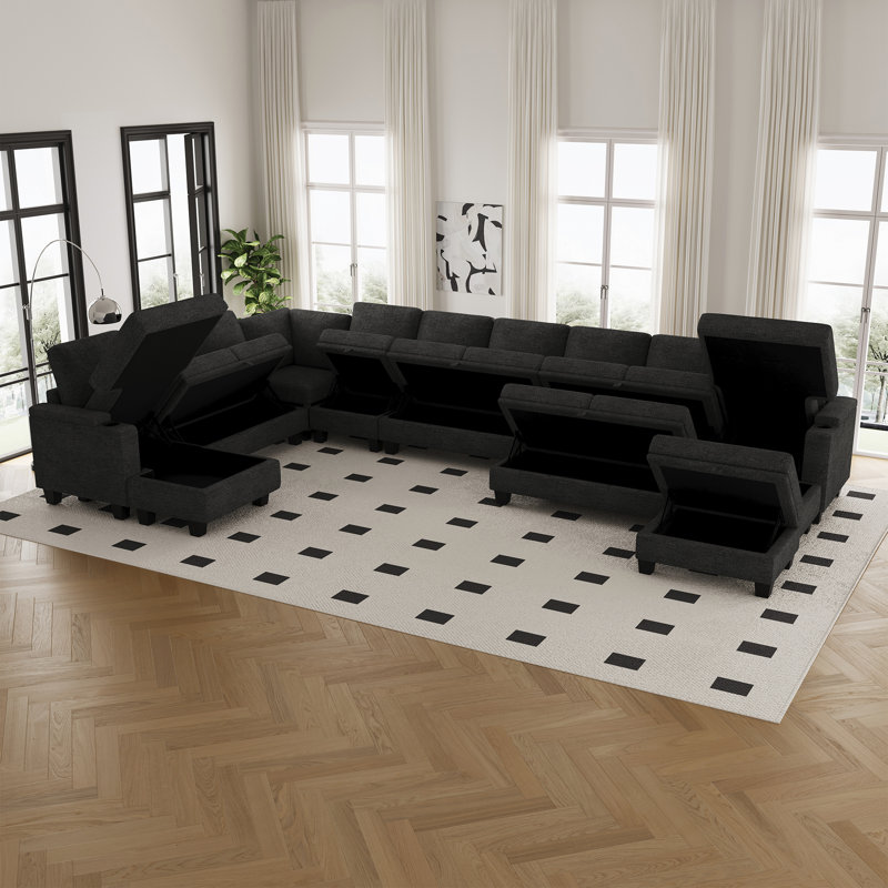 Canapé modulaire surdimensionné en U en chenille avec rangement en bois massif et porte-gobelet, Chenille grise foncée