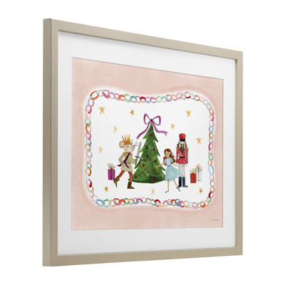Personnages festifs et arbre de Noël, reproduction encadrée sous verre, design par Rachel Nieman