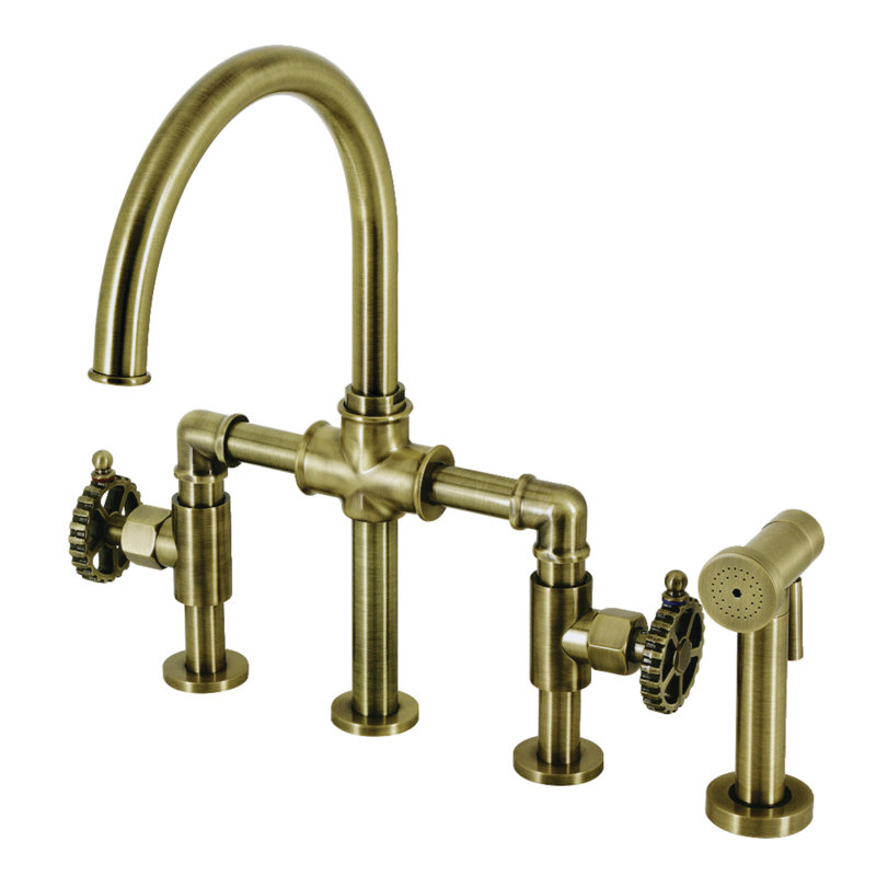 Robinet de pont avec douchette latérale, Laiton antique