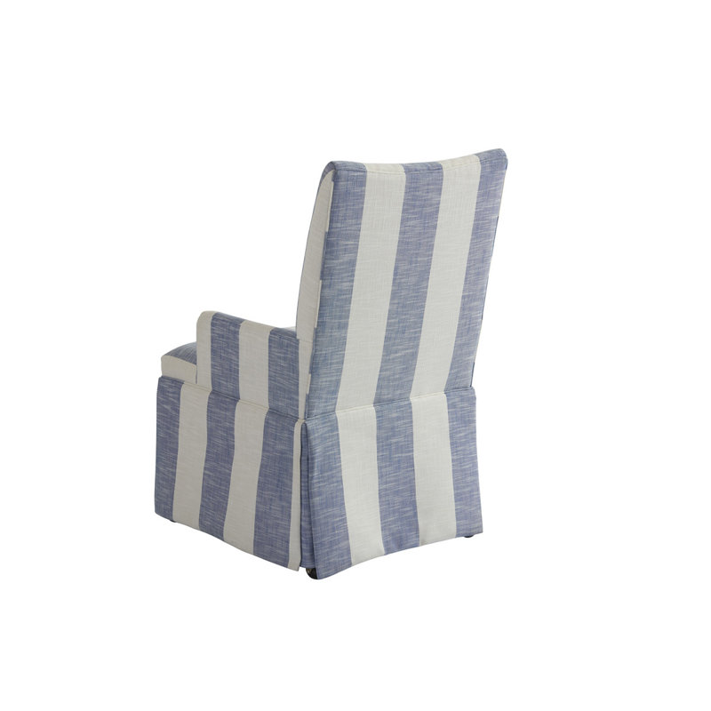 Blue and Beige Striped Upholstered Arm Chair with Wood Frame