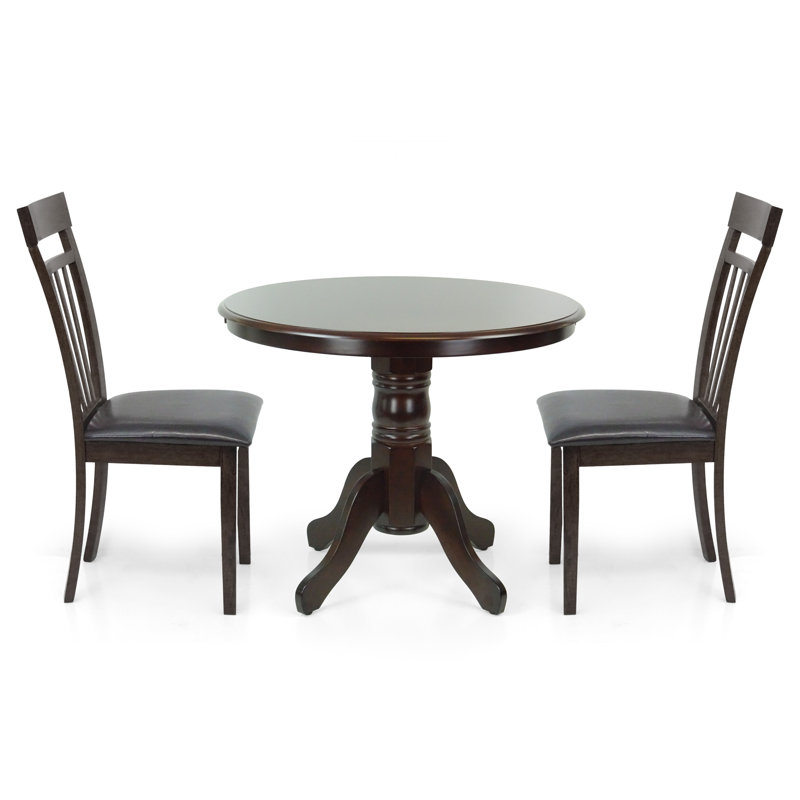 3 Piece Dining Table Set, 2 Classic Style Solid Wood Warm Chairs with Pedestal Round Dining Table, Kitchen Room Set, w PU Leather Cushions