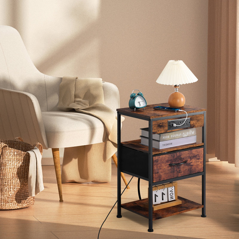 Ensemble de 2 tables de chevet rustiques avec station de charge, tables de bout avec tiroir en tissu et tablettes ouvertes, tables d'appoint