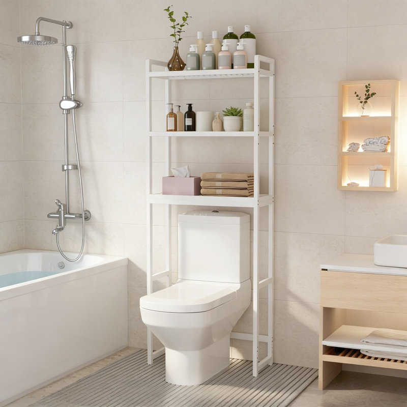Armoire de rangement au-dessus de la toilette à 3 niveaux avec tablettes réglables, organisateur de salle de bain en bambou autoportant pour un rangement vertical peu encombrant dans la salle de bain ou la salle de lavage