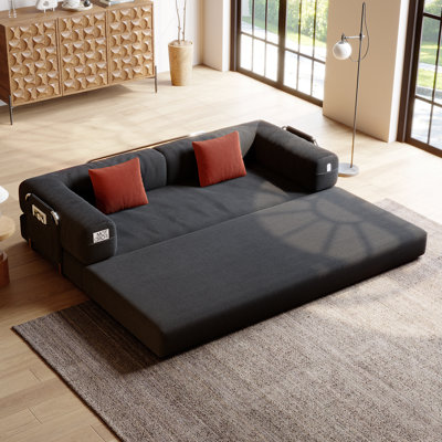 78.7’’Gray Living room Loveseat Sofa，5-in-1 Foldable Convertible Sofa Bed Assembly-Free, Upholstered Boneless Couch，Queen Modular Floor Futon Black Couch，Compact Compressed Packaging Ideal for Apartments, Bedrooms, and Lounges