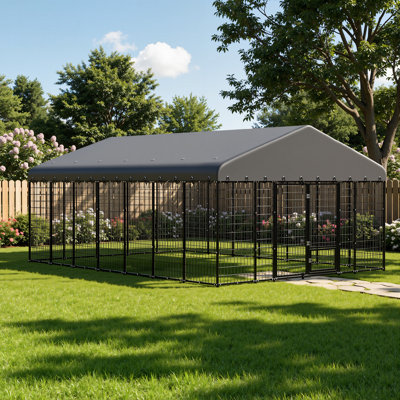 166" X 121" Outdoor Extra-Large Dog Kennel And Chicken Run With UV-Resistant Roof, Heavy-Duty Modular Panels, Secure Mesh Frame, Black