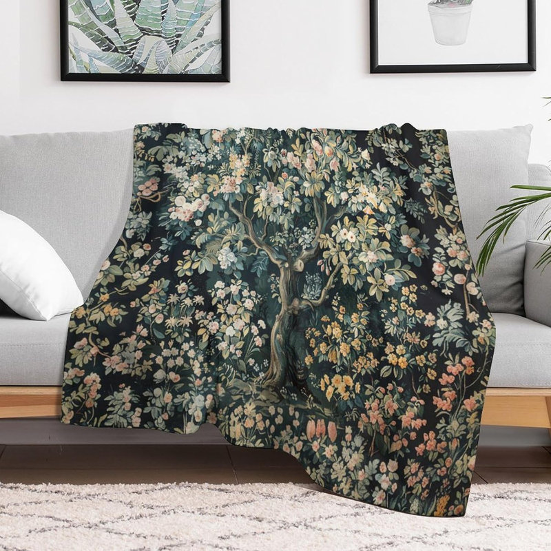 Couverture florale, Boho rustique, Art rétro, arbre à fleurs vert foncé, motif, doux, chaud, douillet, housses de flanelle en peluche pour le salon, chambre, canapé, chaise, camping, voyage, décoration, tapisserie, 30 x 40 po