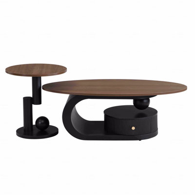Luxury Nesting Coffee Table Set Of 2, Tables With Storage For Living Room, Oval And Round Table Set, Black Center Table, Cocktail Table, Side Table