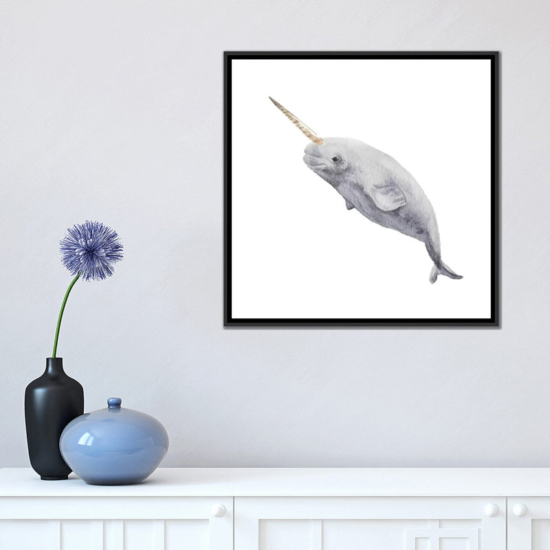 « narwhal », impression sur toile tendue, H 18 po x l 18 po x P 1,5 po, Toile encadrée noire, Pas de tapis