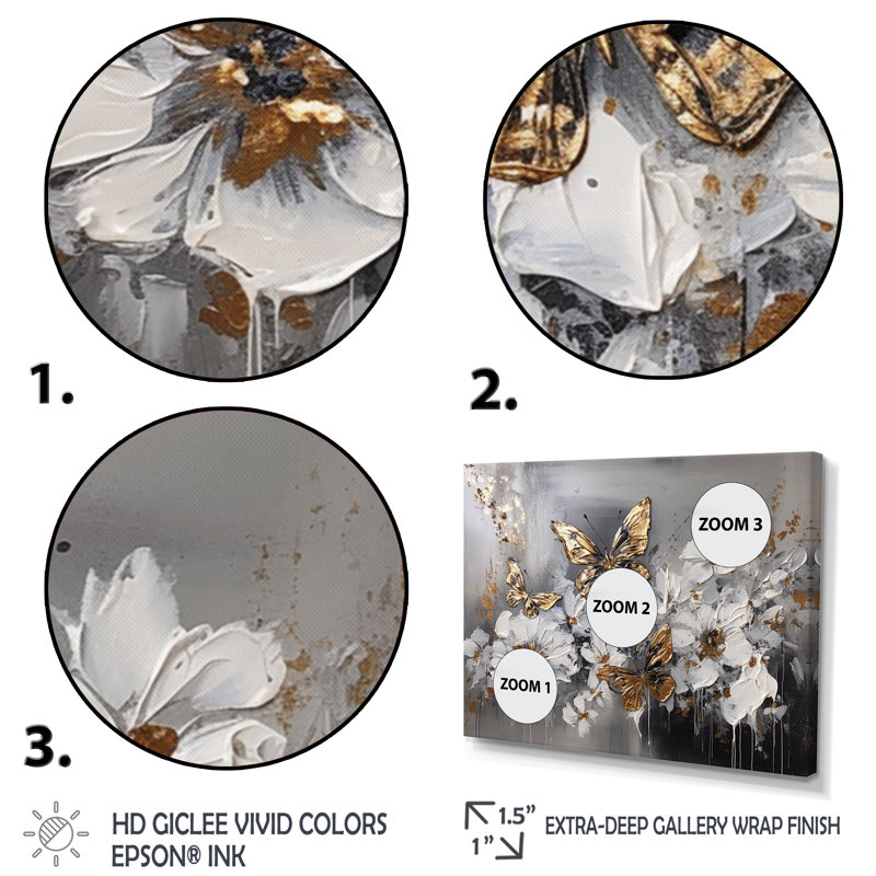 Phillipston Golden White Butterfly Wings And Flowers I - impressions sur toile florales, H 30 po x l 40 po x P 1,5 po