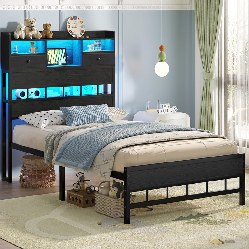 Twin Size Bed Frames With Headboard And 5 Storage Shelves & Under Bed Storage, Platform Bed Frames Twin With Led & Charging Station,no Box Spring Needed