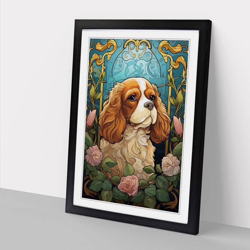 Cavalier King Charles Spaniel Nouveau - Single Picture Frame Print on Wood, Black Framed, 64cm H x 46cm W x 2cm D