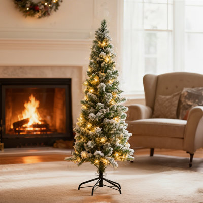 Arbre de Noël floqué au crayon, arbre artificiel pré-éclairé avec 8 modes de lumière chaude, mince décoration de Noël artificielle