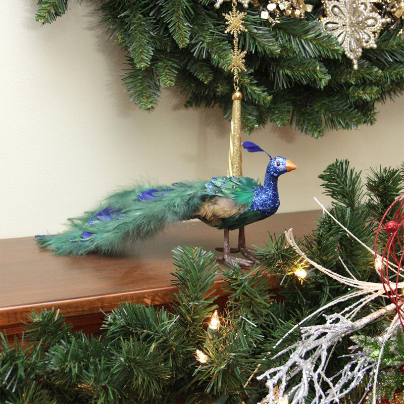 Décoration de Noël plumes vertes et bleues, H 5,25 po x l 13 po x P 4,5 po