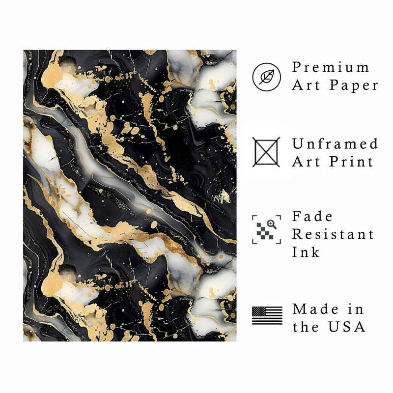 Abstrait noir et doré, reproduction d'art moderne sans cadre Geode, H 14 po x l 11 po
