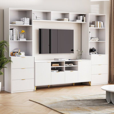 Meuble télé multifonctionnel avec 8 tiroirs et 2 armoires. Meuble audio-vidéo à 13 tablettes. Surface cannelée pour le salon. Peut contenir jusqu'à 70 tiroirs, armoires, tablettes, surface, blanc