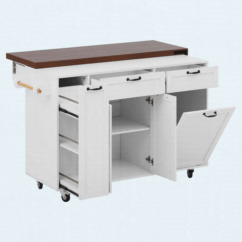 Îlot de cuisine de 102,3 po avec table de salle à manger extensible, chariot d'îlot roulant avec armoire de rangement pour poubelles, support à épices coulissant à 3 niveaux, table d'îlot mobile sur roulettes pour la cuisine, la salle à manger, blanc