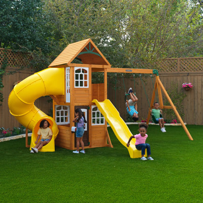 Portique en bois Castlewood, glissoire jaune