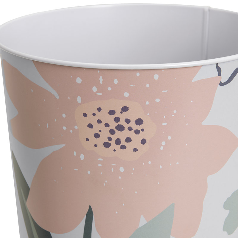 White Floral Metal Wastebasket for Kids' Bathroom