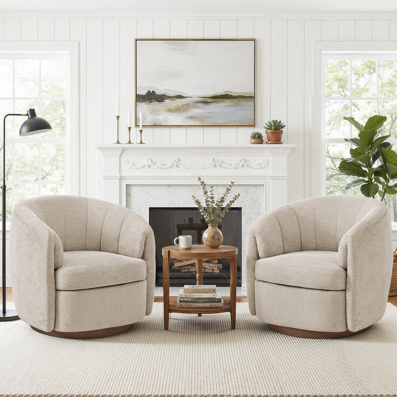 Fauteuil demi-tonneau pivotant avec base en bois massif (ensemble de 2), Chenille clair chameau