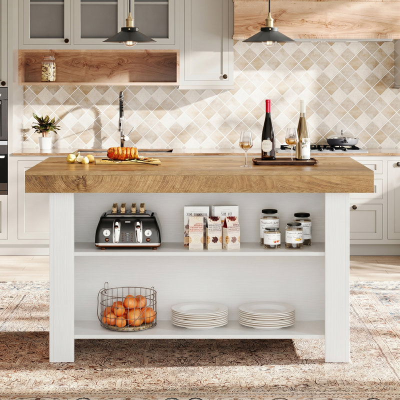 55" Kitchen Island With Storage, Farmhouse Island Table Counter Height Bar Table, White