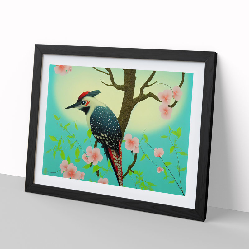 Breathtaking Woodpecker Bird - Single Picture Frame Painting, Black Framed, 25cm H x 34cm W x 2cm D