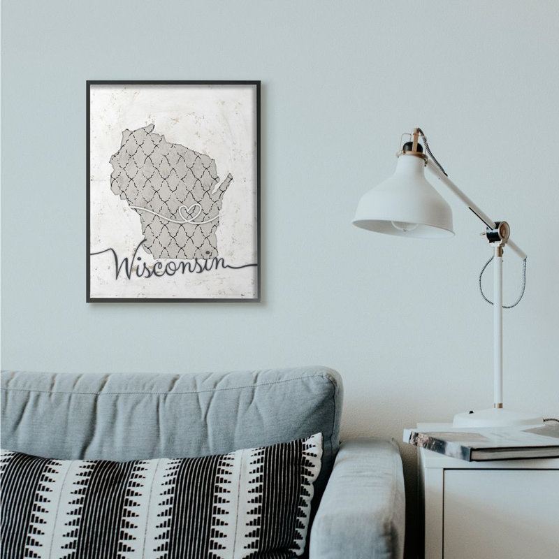 «Wisconsin Patterned Gray US State Design», impression sur toile, H 30 po x l 24 po, Giclée encadrée noir minuit