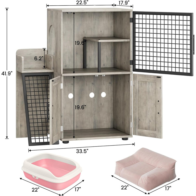Gray MDF and Iron Cat Litter Box Enclosure with Ladder
