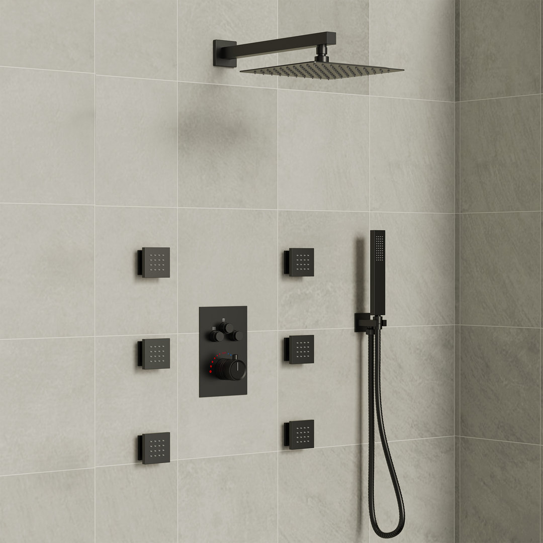 RelaxaJet Thermostatic Shower System, 12" High-Pressure Rainfall Shower Faucet with with Rough-in Valve, Handheld Spray EVERSTEIN