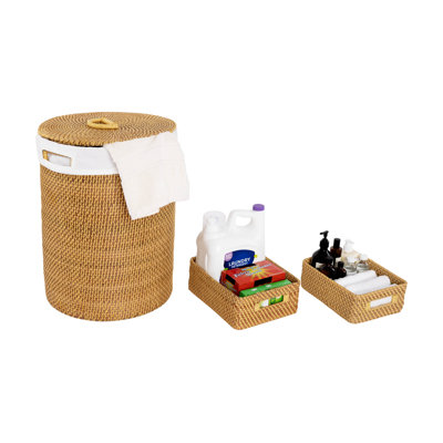 3-Piece Handwoven Rattan Lidded Laundry Hamper Basket Set