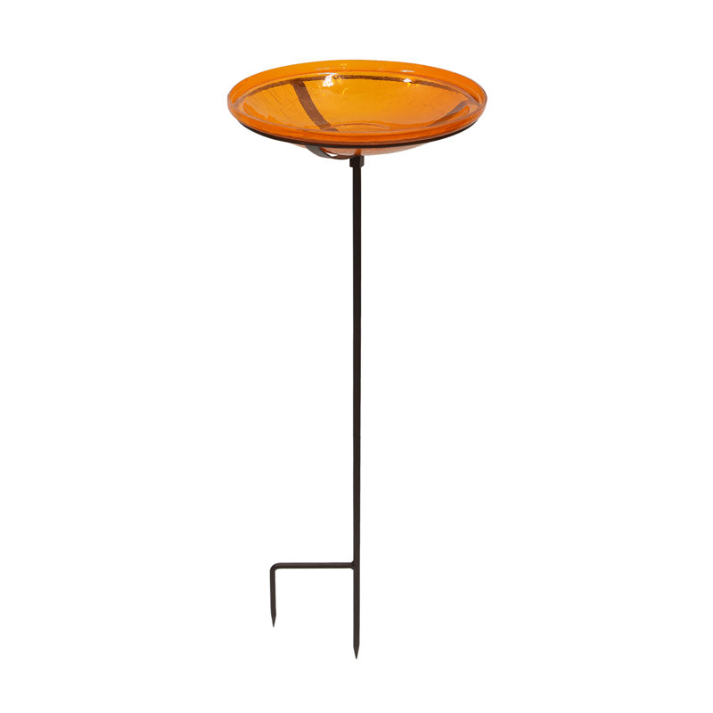 Mandarin Crackle Glass Birdbath with Bronze Stake, 14 Inch