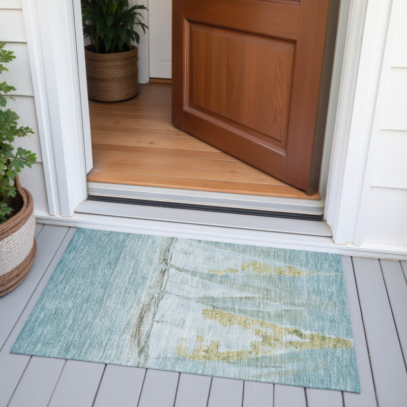 Machine Washable Indoor/Outdoor Xhevrie Teal Rug, Rectangle 1'8" x 2'6"