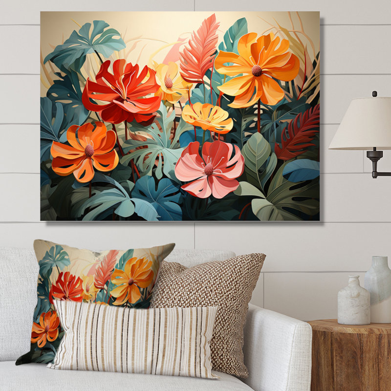Orange, vert, plantes tropicales V, H 12 po x l 20 po x P 1 po, Toile tendue