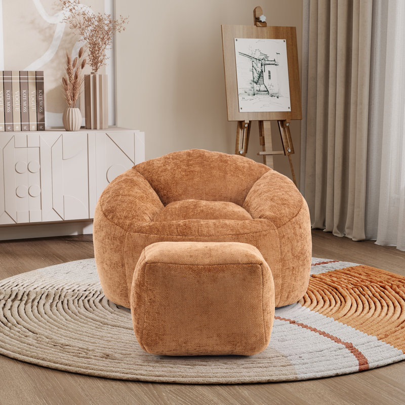 Fauteuil à billes rembourré avec repose-pieds, Chenille orange