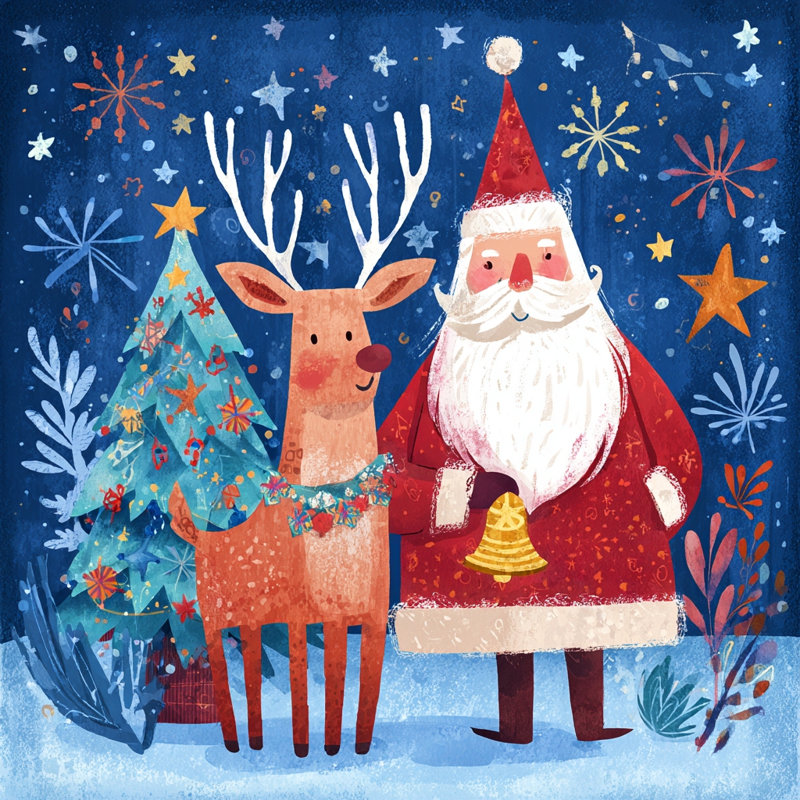 Toile festive père Noël et renne, H 12 po x l 12 po