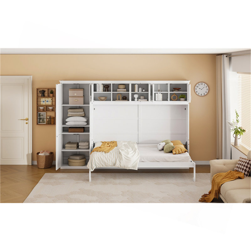 Grand lit escamotable mural avec armoires, grand, Blanc