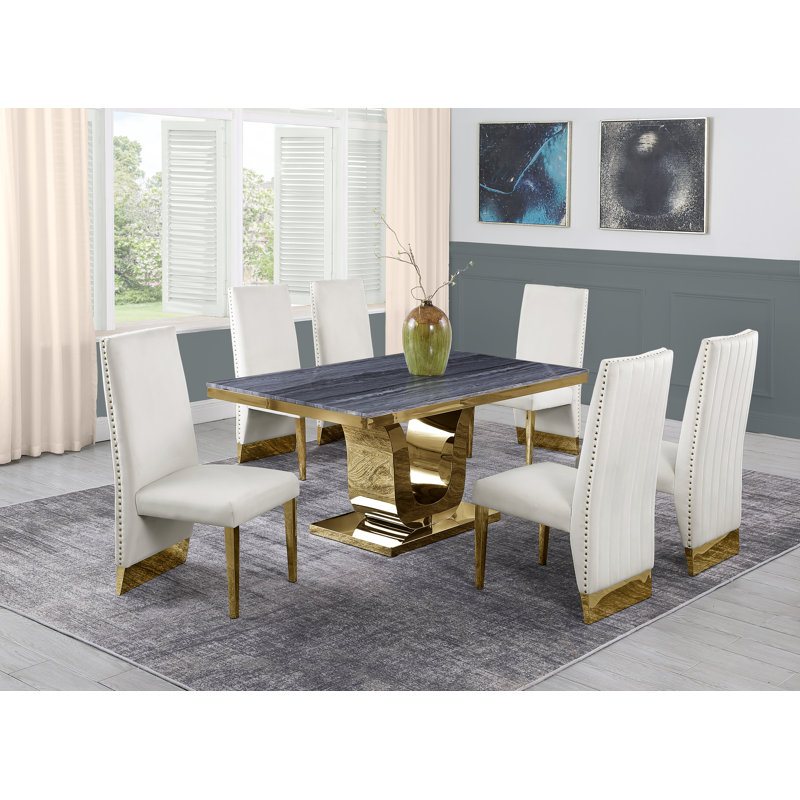 Ensemble de salle à manger en marbre blanc Andorra avec chaises d'appoint en velours, Blanc/argenté, Crème / argenté, 7