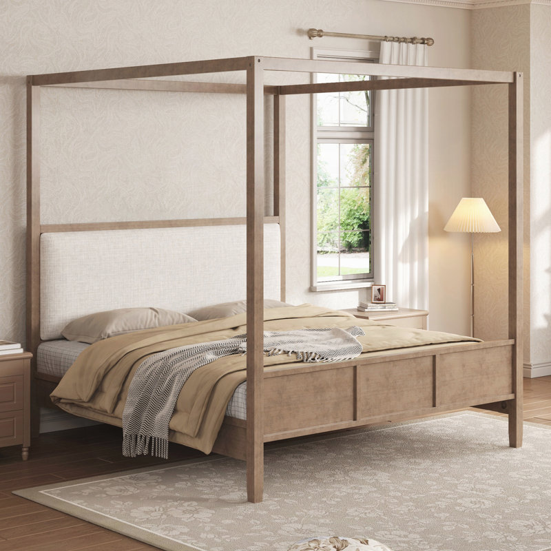 Grand lit plateforme à baldaquin en bois avec tête de lit tapissier, sans sommier tapissier, Queen, Noyer naturel