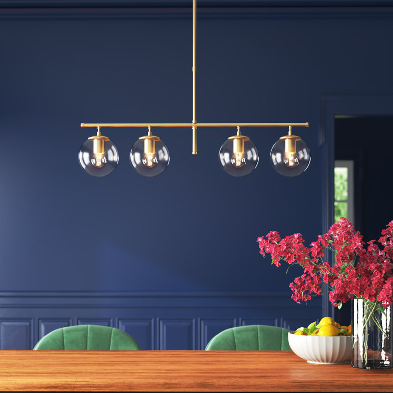 Élégant lustre doré, hauteur réglable 31,9 x 5,9 x 14,2-29,9 pouces | Corps en métal massif avec capuchon en verre | 4 x douilles E14 (40 W maximum) | Design scandinave moderne | Parfait pour le salon et la salle à manger, classe IP20
