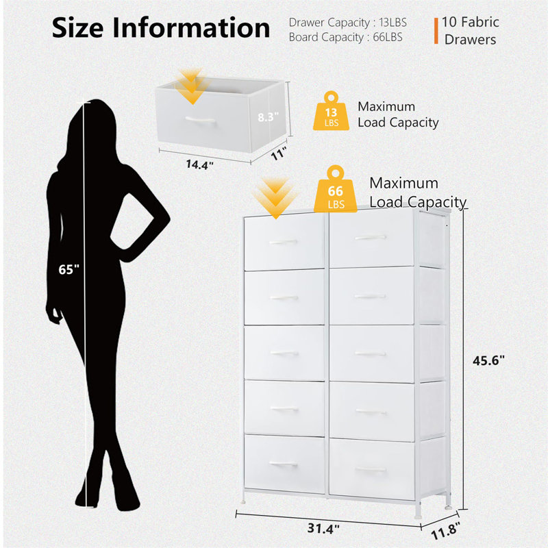 Dresser With 10 Fabric Drawers, Tall Dresser For Bedroom, Large Dresser Fabric Chest For Living Room, White