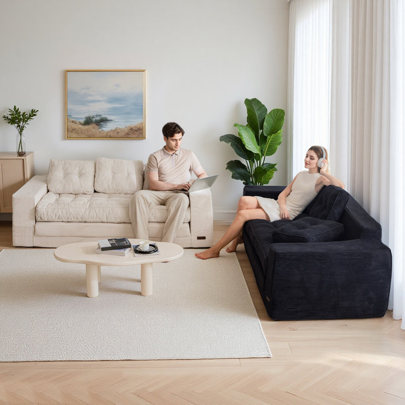 Canapé Bean Bag, causeuse de plancher, Velours côtelé noir, H 29,5 po x l 74,8 po x P 33,5 po