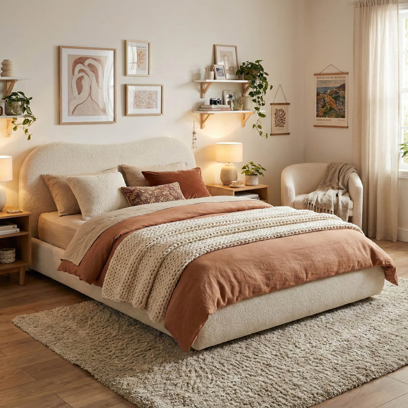 Mirelle Upholstered Platform Bed with Footboard Drawer, Queen, White