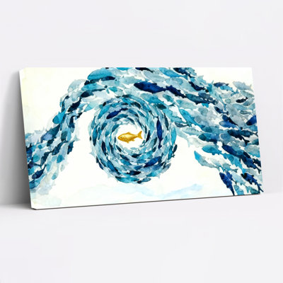 Abstract Ocean Wave Spiral With Golden Fish Canvas Wrapped Wall Art Oil Painting Print Set Of 1