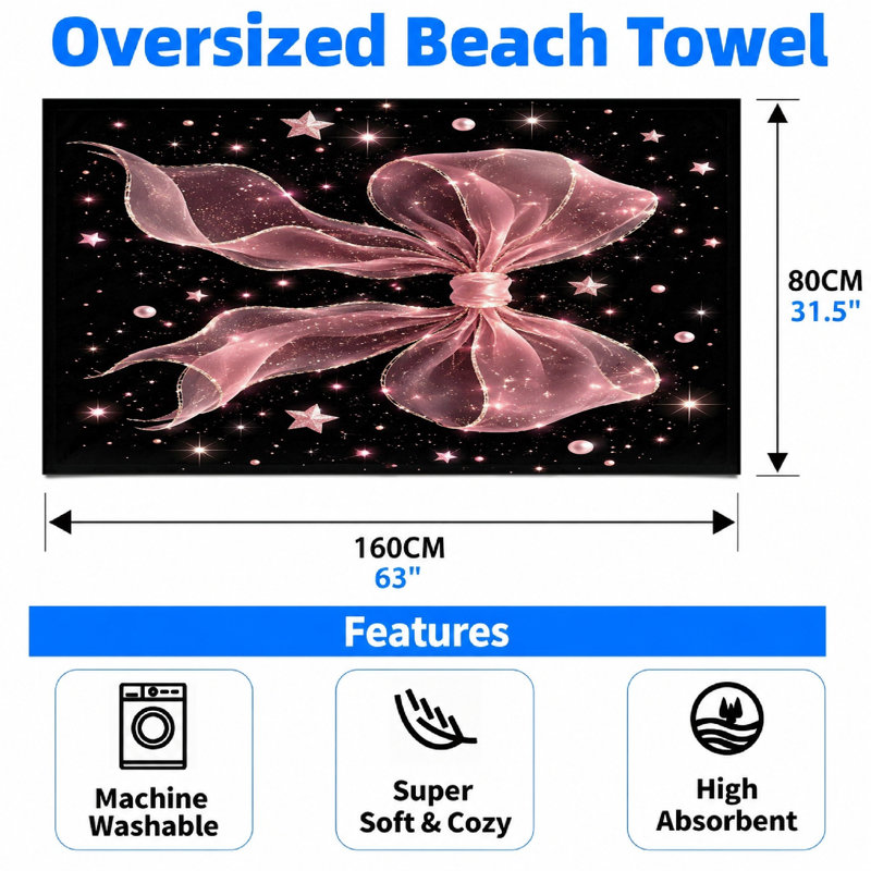 1 serviette de plage à nœud rose, 1 pièce, avec un éclat scintillant avec des accents de paillettes et des points d'étoiles dispersés sur fond noir. Grande microfibre pour, voyage, piscine, unisexe.