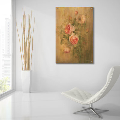  «Vintage Roses On Green 1» par Danhui Nai, art mural en verre acrylique, 24 po x 36 po
