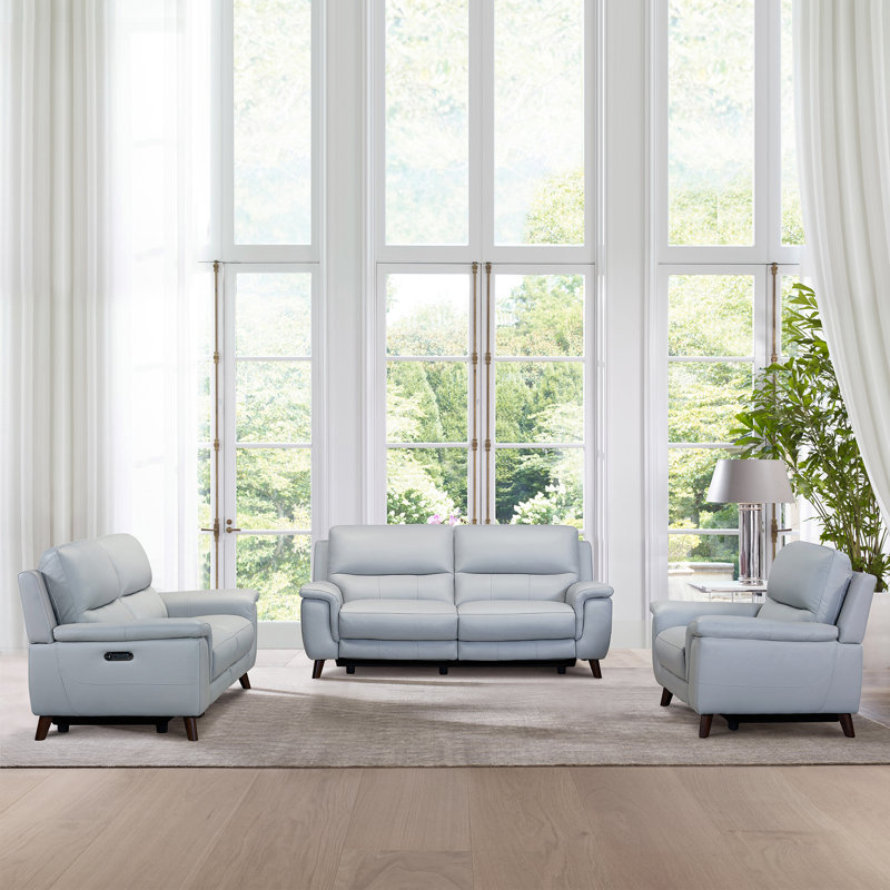 Ensemble de salon inclinable 3 pièces Junaya, Cuir véritable gris / similicuir
