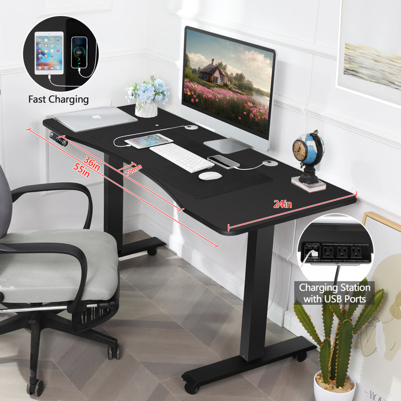 Bureau debout à hauteur réglable électrique Kashif avec 2 ports USB, 3 prises de courant, 4 roulettes et 2 crochets, Noir